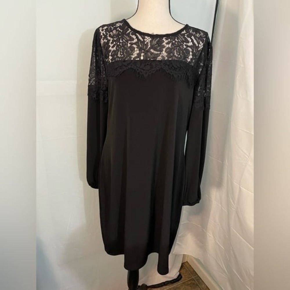 Black Lace Yoke Long Sleeve Shift Dress Womens‎ Size M Cocktail Evening LBD